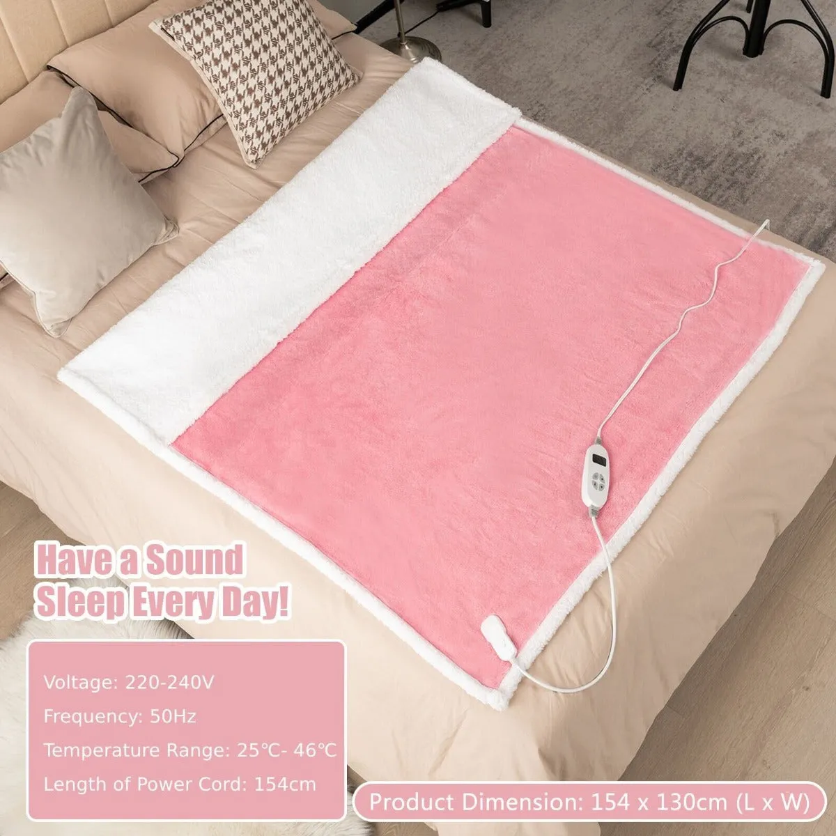 154 x 130 CM Reversible Electric Heated Blanket with 10 Heat Settings-Pink