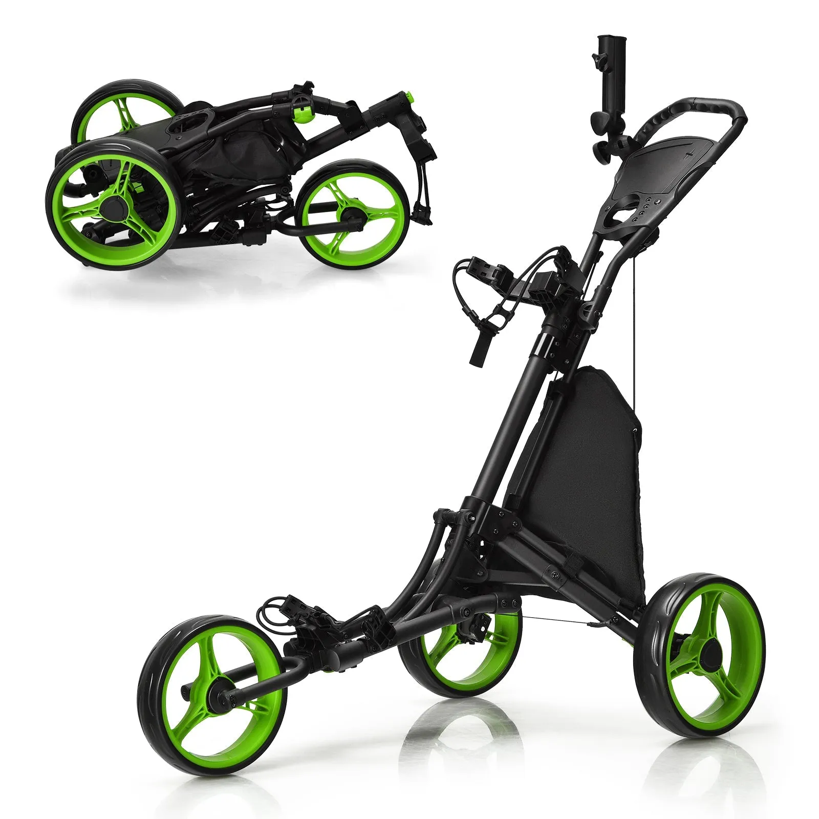 3 Wheel Golf Push Pull Cart with Adjustable Height Handle-Green