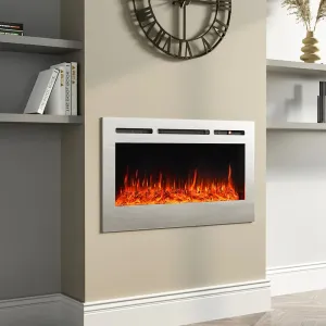 36 Inch Linear Electric Fireplace Recessed in White