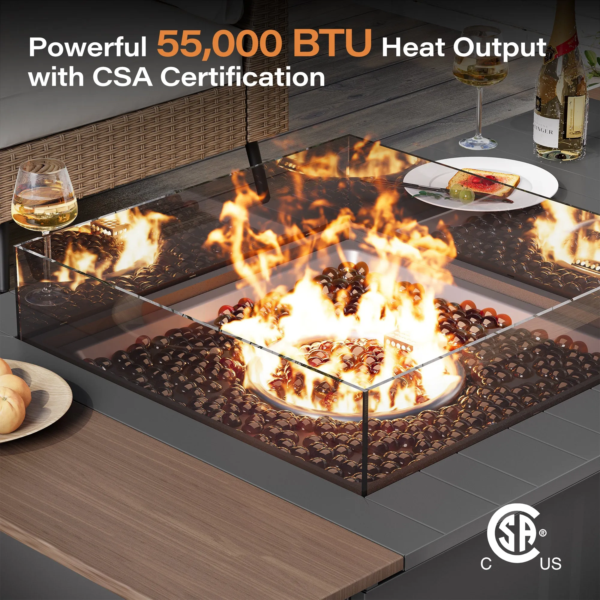 64" Gas Fire Pit Table with expandable Tabletop, 55,000 BTU