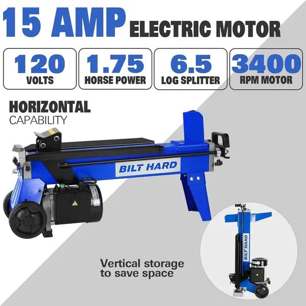 BILT HARD Log Splitter 6.5 Ton, Wood Splitter Electric Powered 15Amp, with Hydraulic Ram, 90 Days Warranty