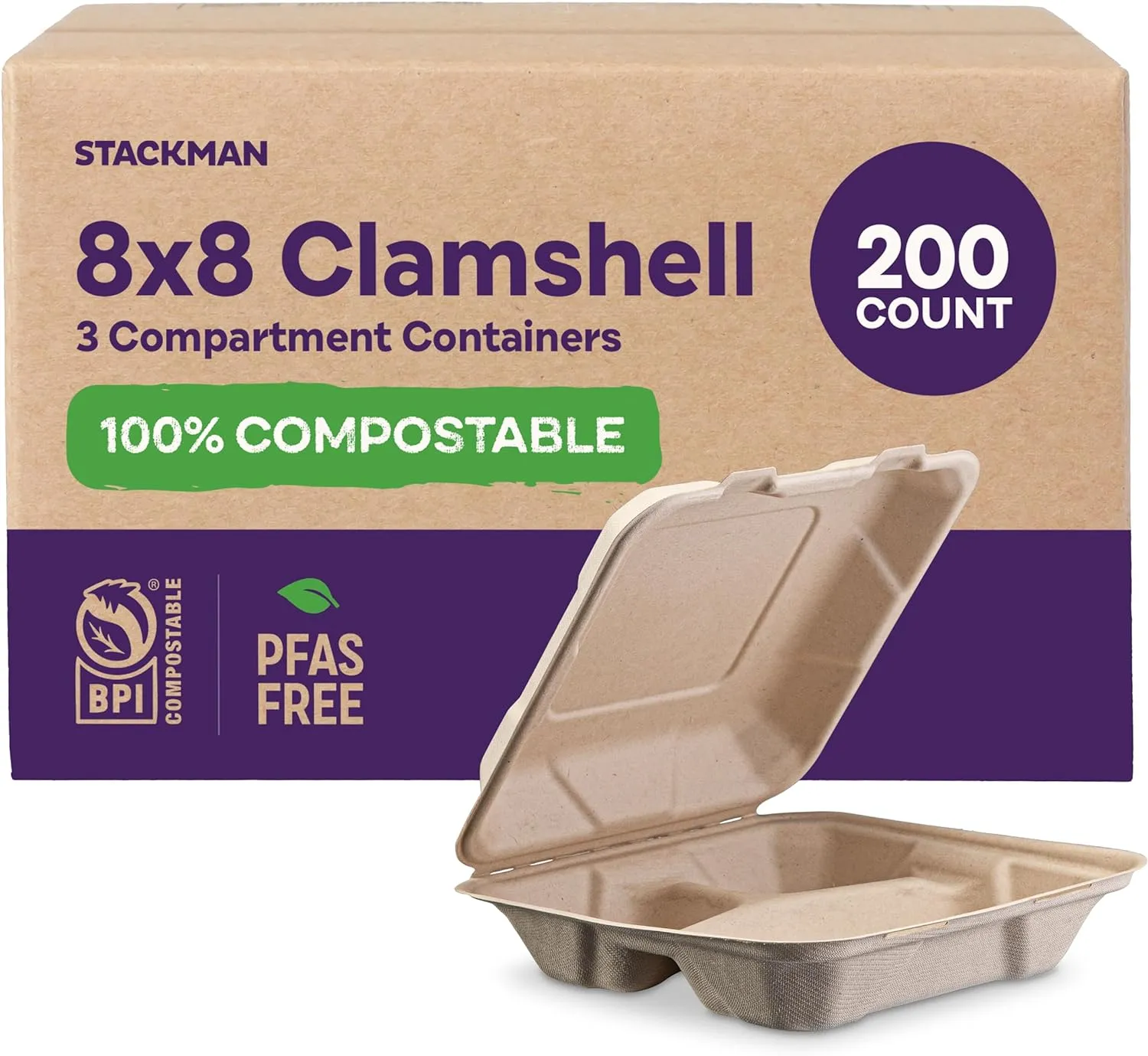 Compostable to Go Containers 3-Compartment Clamshell Take Out Food Container with Hinged Lid, Eco-Friendly, Made of Sugar Cane Bagasse