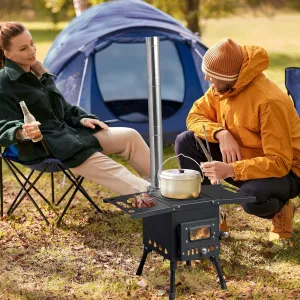 cozy Outdoor Portable Wood Burning Stove with Chimney Pipe for Camping,30.5"D x 19.3"H,Black