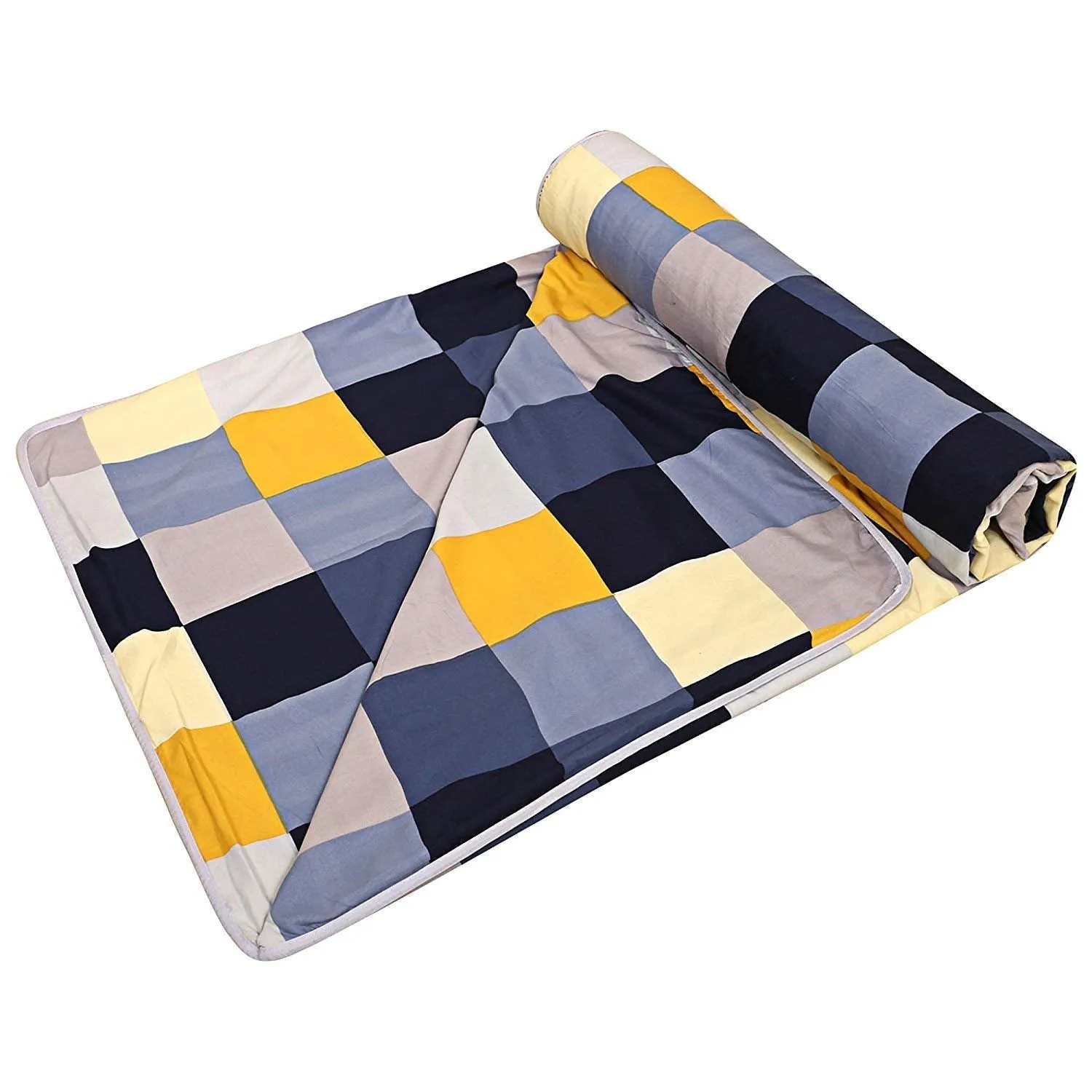 Craft Venture Grey Black White Check & Blue Yellow Check Prints Reversible Single Bed AC Blanket Dohar Combo Set of 2 Pc