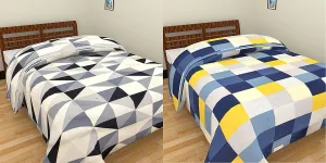 Craft Venture Grey Black White Check & Blue Yellow Check Prints Reversible Single Bed AC Blanket Dohar Combo Set of 2 Pc