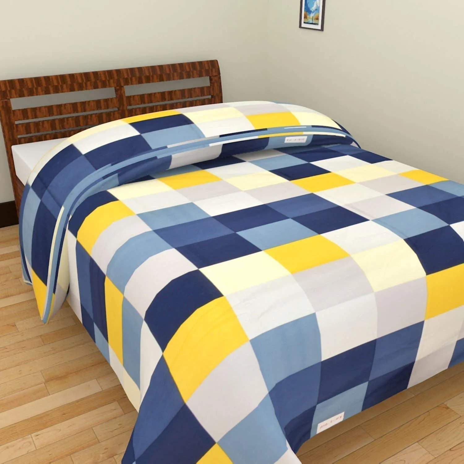 Craft Venture Grey Black White Check & Blue Yellow Check Prints Reversible Single Bed AC Blanket Dohar Combo Set of 2 Pc