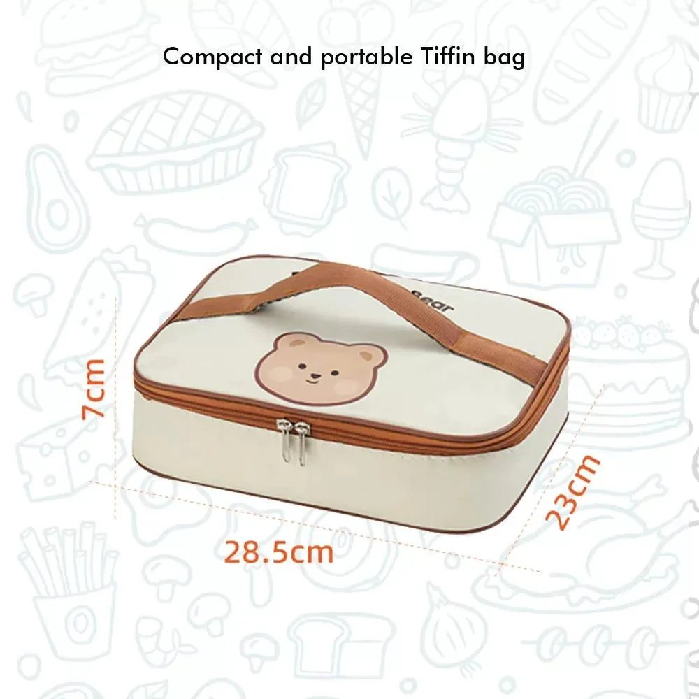 Cream Brown Bear Stainless Steel Lunch Box with Insulated Matching Lunch Bag | Big Size