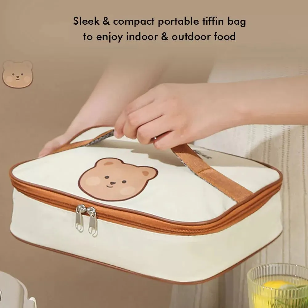 Cream Brown Bear Stainless Steel Lunch Box with Insulated Matching Lunch Bag | Big Size