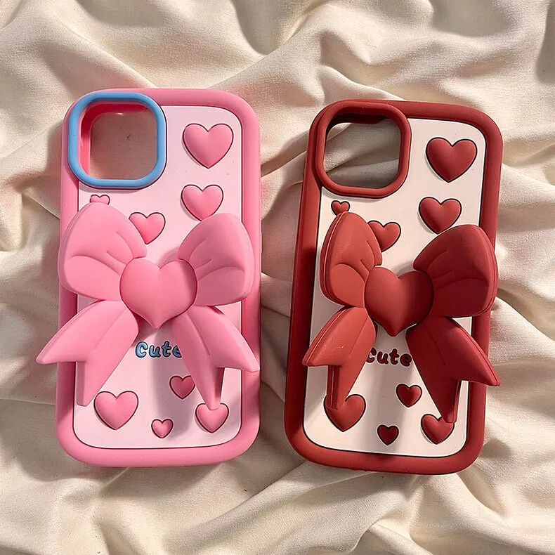 Cute Polka Hearts Design with a Foldable Ribbon Shaped Stand Thick Protective Shockproof iPhone Case for iPhone 11 12 13 14 15 Plus Pro Max