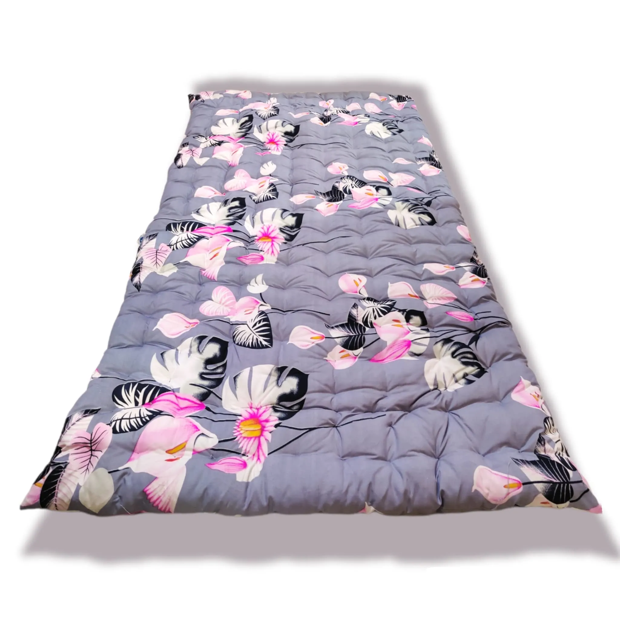 Deevine Craft Soft Cotton Quilt Mattress Foldable Movable Picnic Light Weight Filled Single Firm Mattress| Gadda (3D Design Printed, 1 Sleeping Capacity, 3 x 6 ft or 72 x 36 Inches) (Grey Pink Floral)