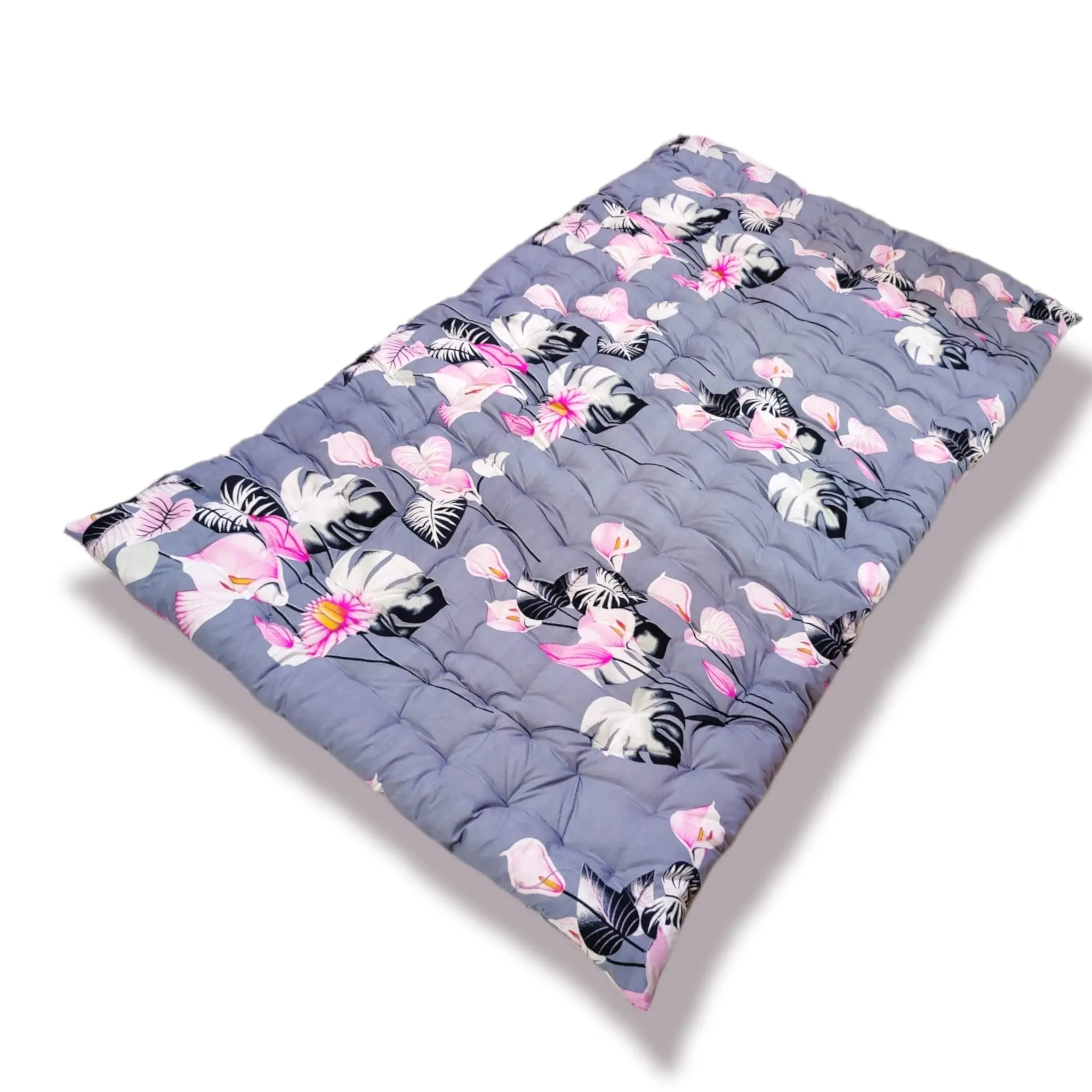 Deevine Craft Soft Cotton Quilt Mattress Foldable Movable Picnic Light Weight Filled Single Firm Mattress| Gadda (3D Design Printed, 1 Sleeping Capacity, 3 x 6 ft or 72 x 36 Inches) (Grey Pink Floral)