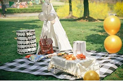 DEYI Waterproof Picnic Blanket Mat Large Oversized White and Grey Checkered