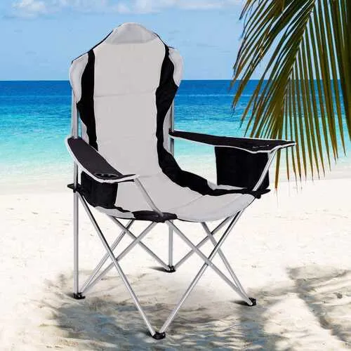 Folding Fishing Camping Chair with Cup Holder Side Bag-Gray