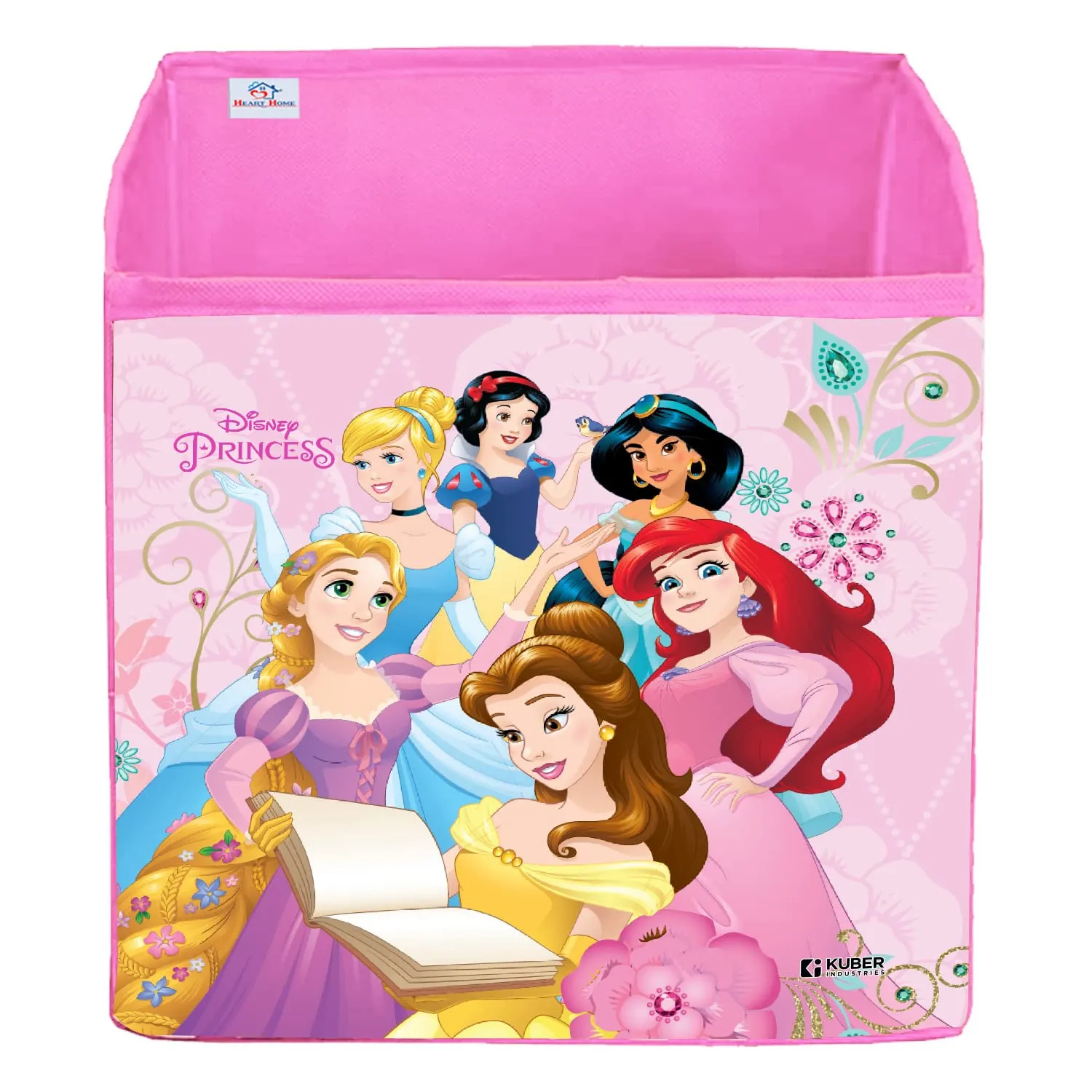 Heart Home Disney Princess Print Storage Box|Foldable Clothes Organizer|Collapsible Storage Basket With Handle For Toys,Books,30 Ltr.(Pink)