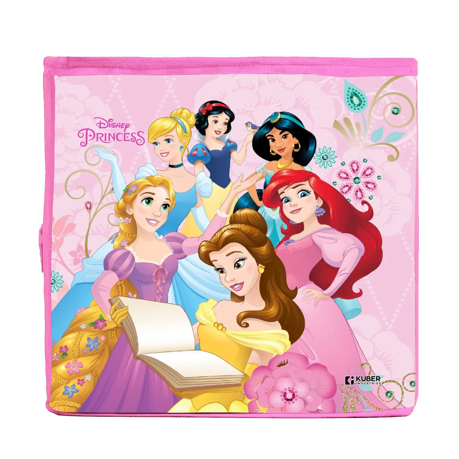 Heart Home Disney Princess Print Storage Box|Foldable Clothes Organizer|Collapsible Storage Basket With Handle For Toys,Books,30 Ltr.(Pink)