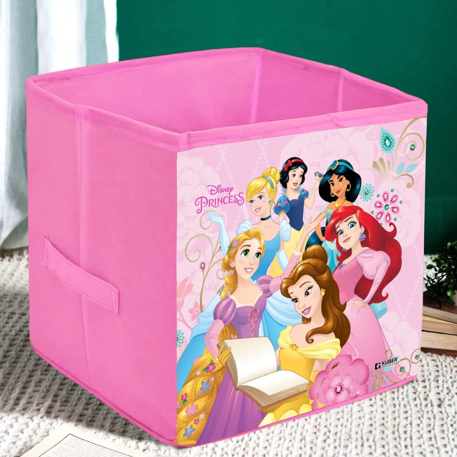 Heart Home Disney Princess Print Storage Box|Foldable Clothes Organizer|Collapsible Storage Basket With Handle For Toys,Books,30 Ltr.(Pink)