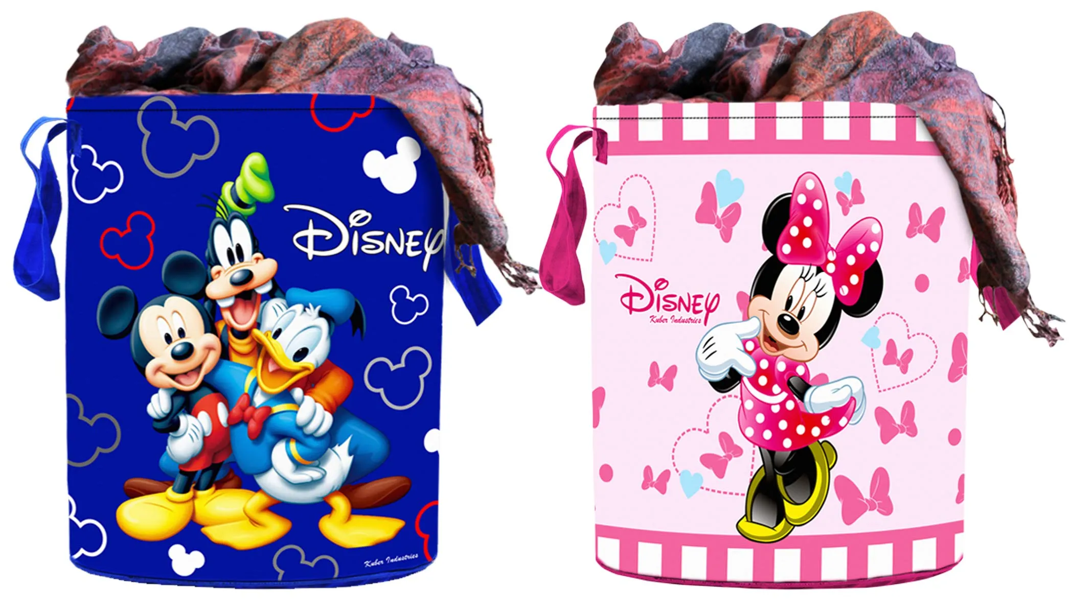 Heart Home Disney Print Round Non Woven Fabric Foldable Laundry Basket, Toy Storage Basket, Cloth Storage Basket With Handles, 45 Ltr (Set Of 2, Blue & Pink)-HEART11675