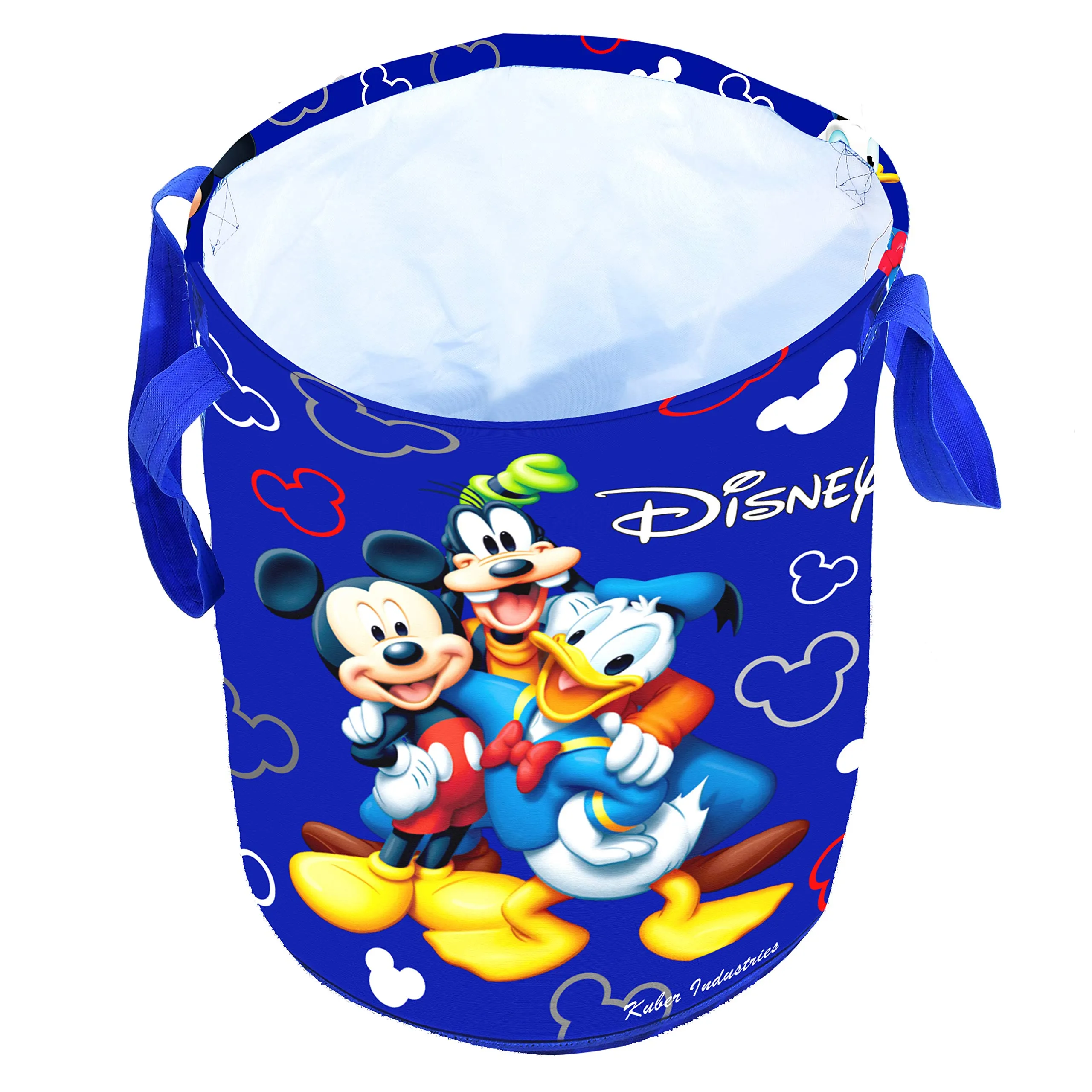 Heart Home Disney Print Round Non Woven Fabric Foldable Laundry Basket, Toy Storage Basket, Cloth Storage Basket With Handles, 45 Ltr (Set Of 2, Blue & Pink)-HEART11675