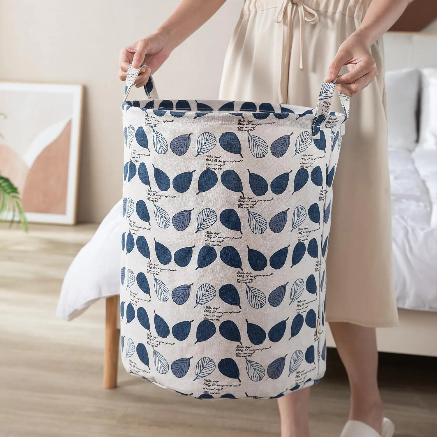 HOKIPO Folding Laundry Basket for Clothes, Round Collapsible Storage Basket, 42-Ltr - Leaves