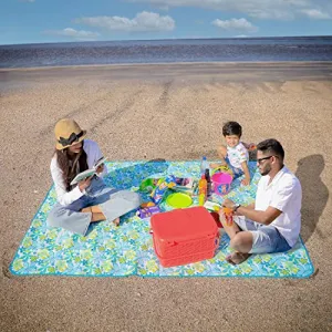 HOKIPO Large Waterproof & Sandproof Picnic Rectangular Shape Blanket Mat For Beach, Garden, Camping, Hiking, Yoga, Indoors, 5X6.5 Feet, Floral Blue (Ar3920)