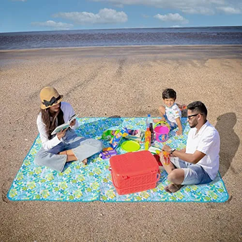 HOKIPO Large Waterproof & Sandproof Picnic Rectangular Shape Blanket Mat For Beach, Garden, Camping, Hiking, Yoga, Indoors, 5X6.5 Feet, Floral Blue (Ar3920)