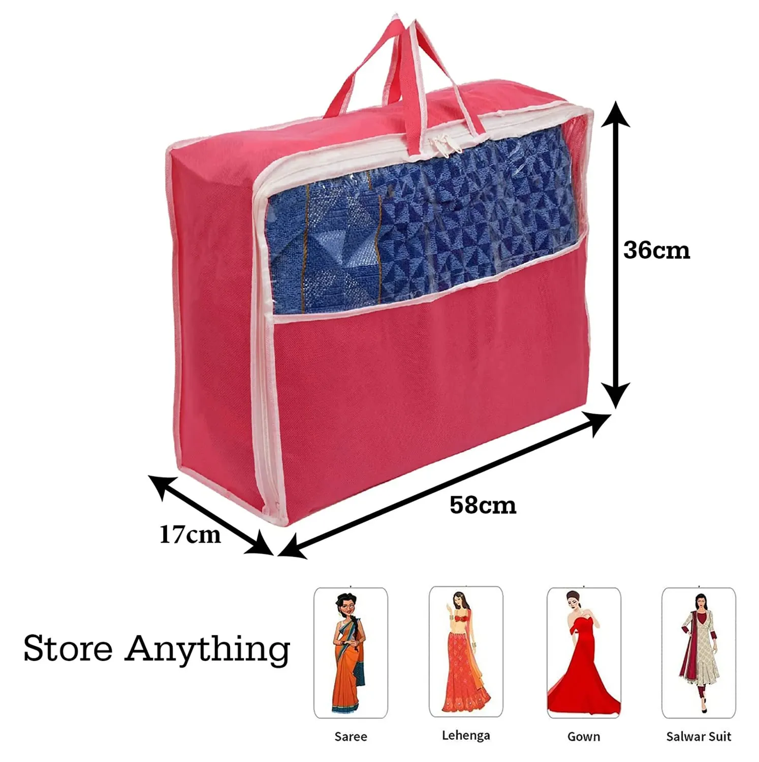 Kuber Industries Cloth Organizer for Travel|Non Woven Foldable Storage Bag|Wardrobe Organizer for Saree|Lehenga|Suit|Top Transparent (Pink)