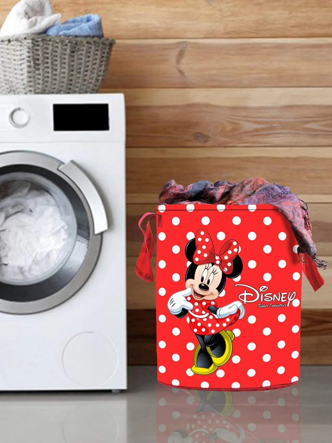 Kuber Industries Disney Minnie Print Round Non Woven Fabric Foldable Laundry Organiser with Handles,45 LTR (Red)-KUBMART11632