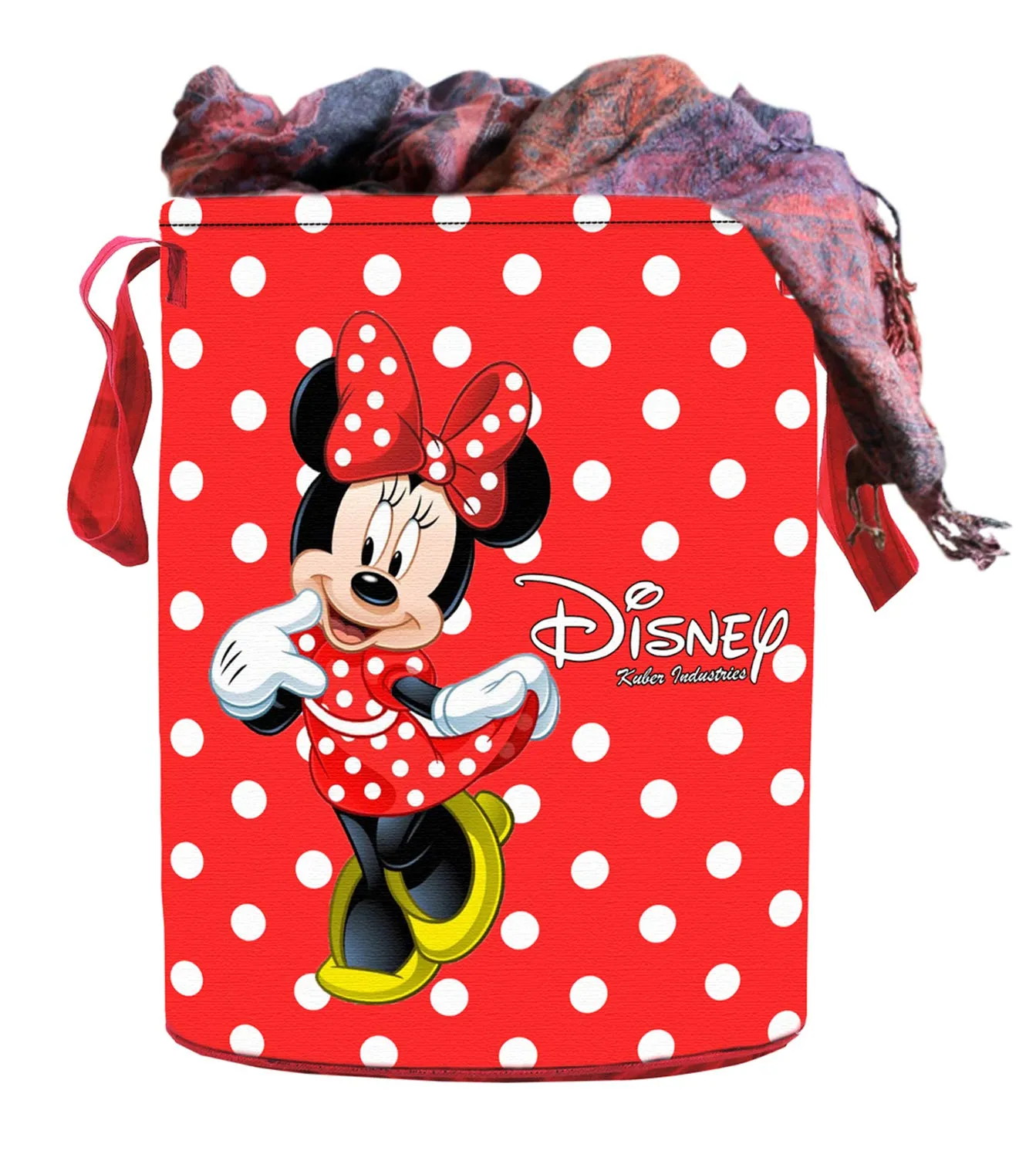 Kuber Industries Disney Minnie Print Round Non Woven Fabric Foldable Laundry Organiser with Handles,45 LTR (Red)-KUBMART11632