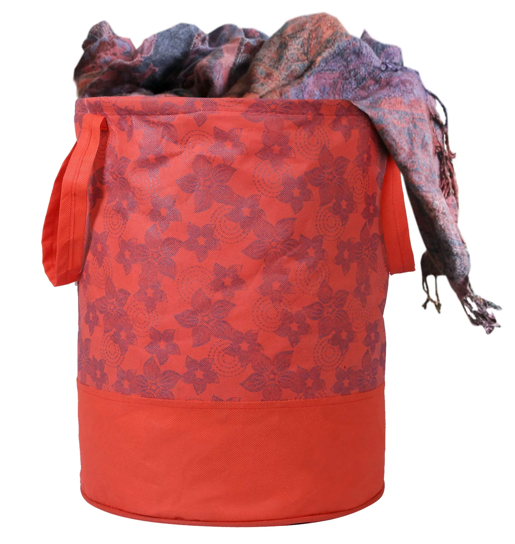 Kuber Industries Metalic Flower Print Round Non Woven Fabric Foldable Laundry Organiser With Handles,45 Ltr (Red)-KUBMART12054