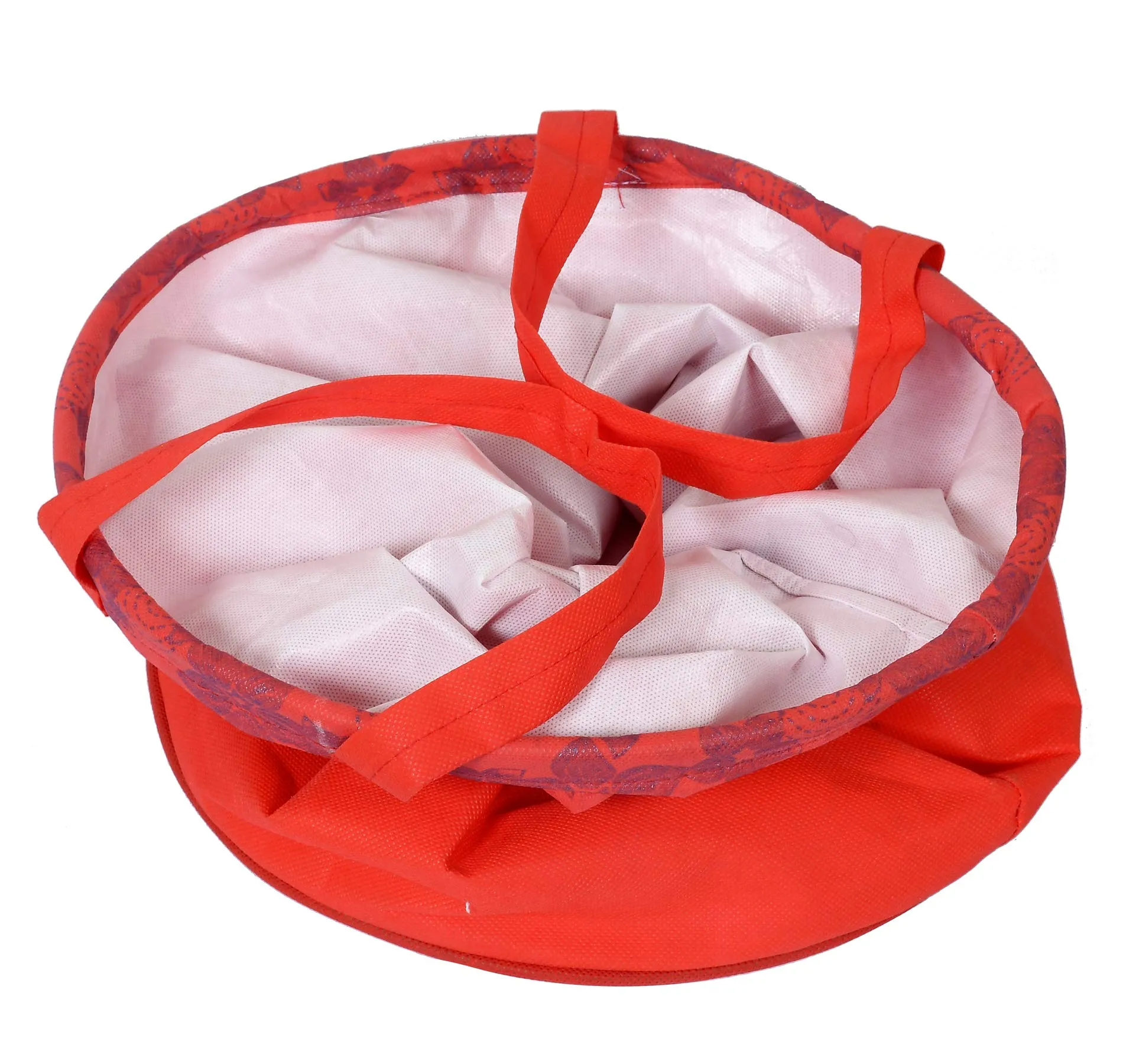 Kuber Industries Metalic Flower Print Round Non Woven Fabric Foldable Laundry Organiser With Handles,45 Ltr (Red)-KUBMART12054