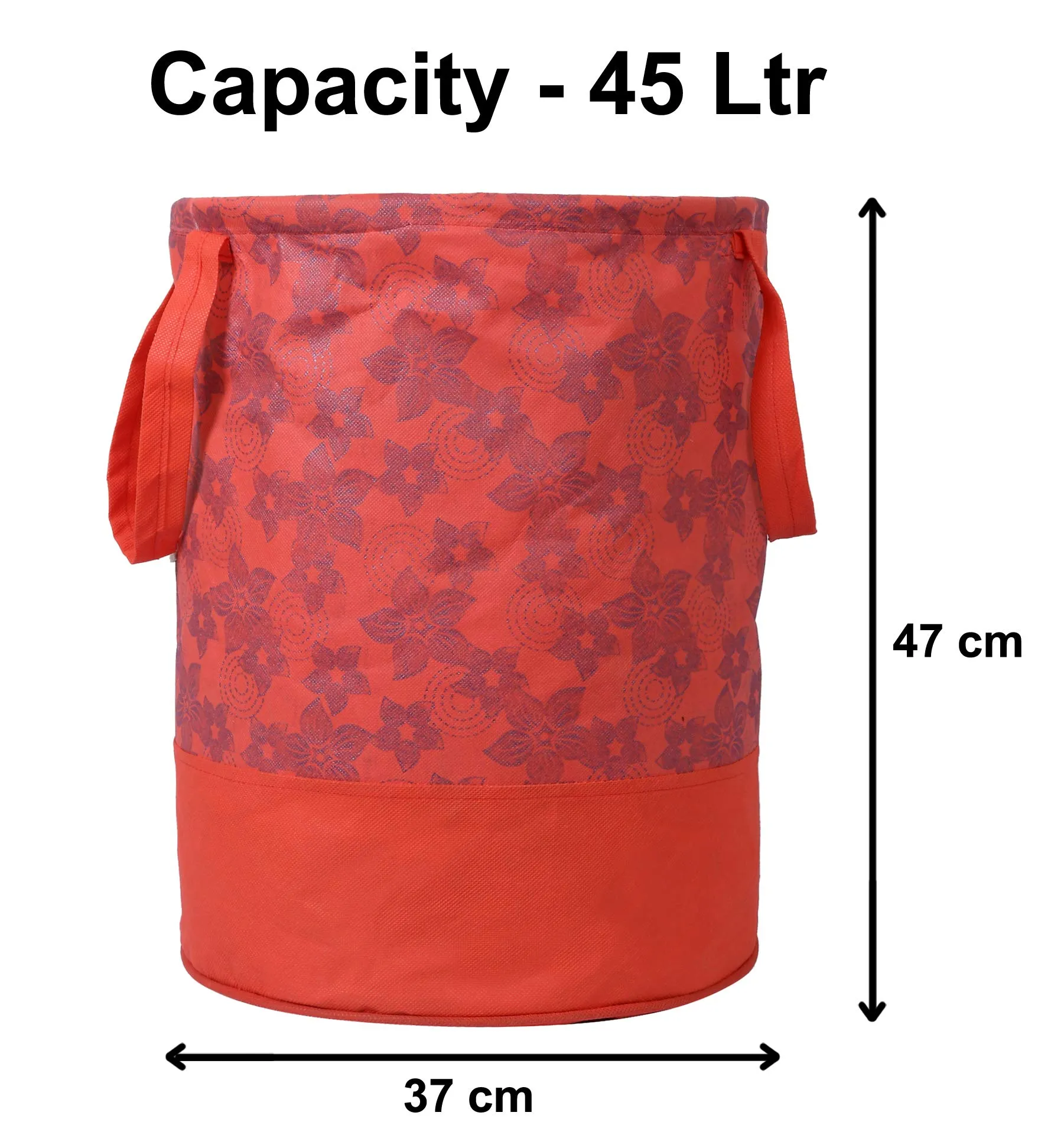 Kuber Industries Metalic Flower Print Round Non Woven Fabric Foldable Laundry Organiser With Handles,45 Ltr (Red)-KUBMART12054