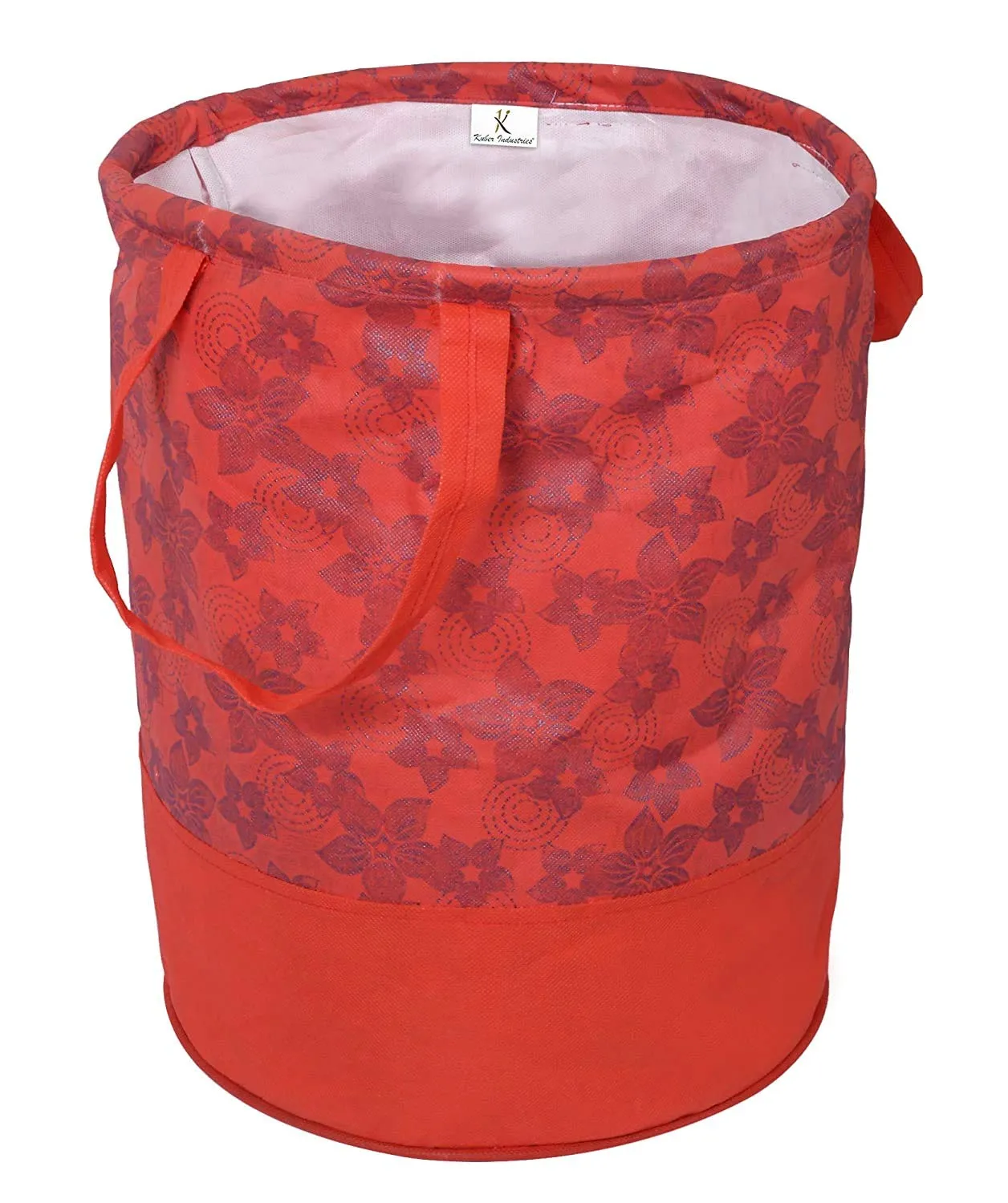 Kuber Industries Metalic Flower Print Round Non Woven Fabric Foldable Laundry Organiser With Handles,45 Ltr (Red)-KUBMART12054