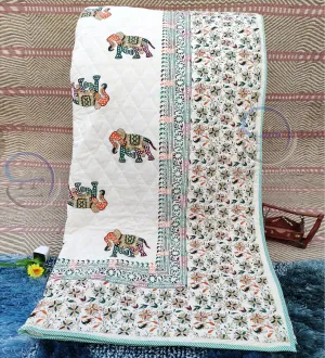 LushHavenDecor 380 GSM Jaipuri Hand Block and Screen Elephants Printed Winter Cotton Double Bed Quilt Razai - King Size Multicolor, Rajai 88x105 inch