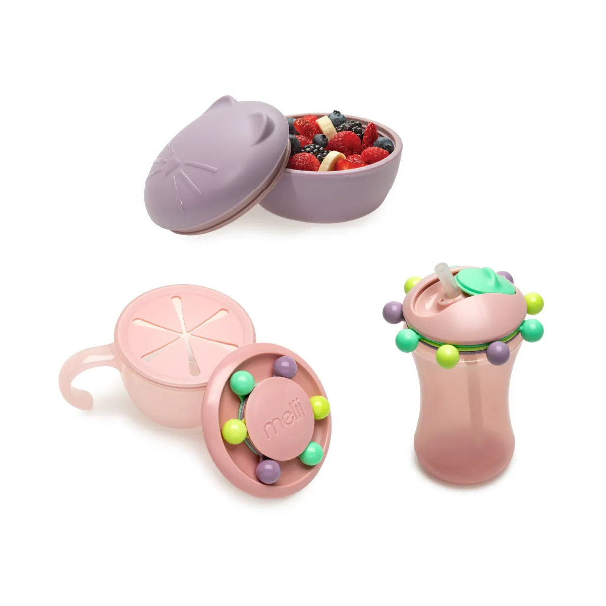 Melii Back to School Bundle - Silicone Bowl with Lid (Purple Cat, 350 ml), Abacus Snack Container with Finger Trap (Pink), Abacus Straw Sippy Cup (Pink, 340 ml) - BPA Free, Durable, Fun Designs