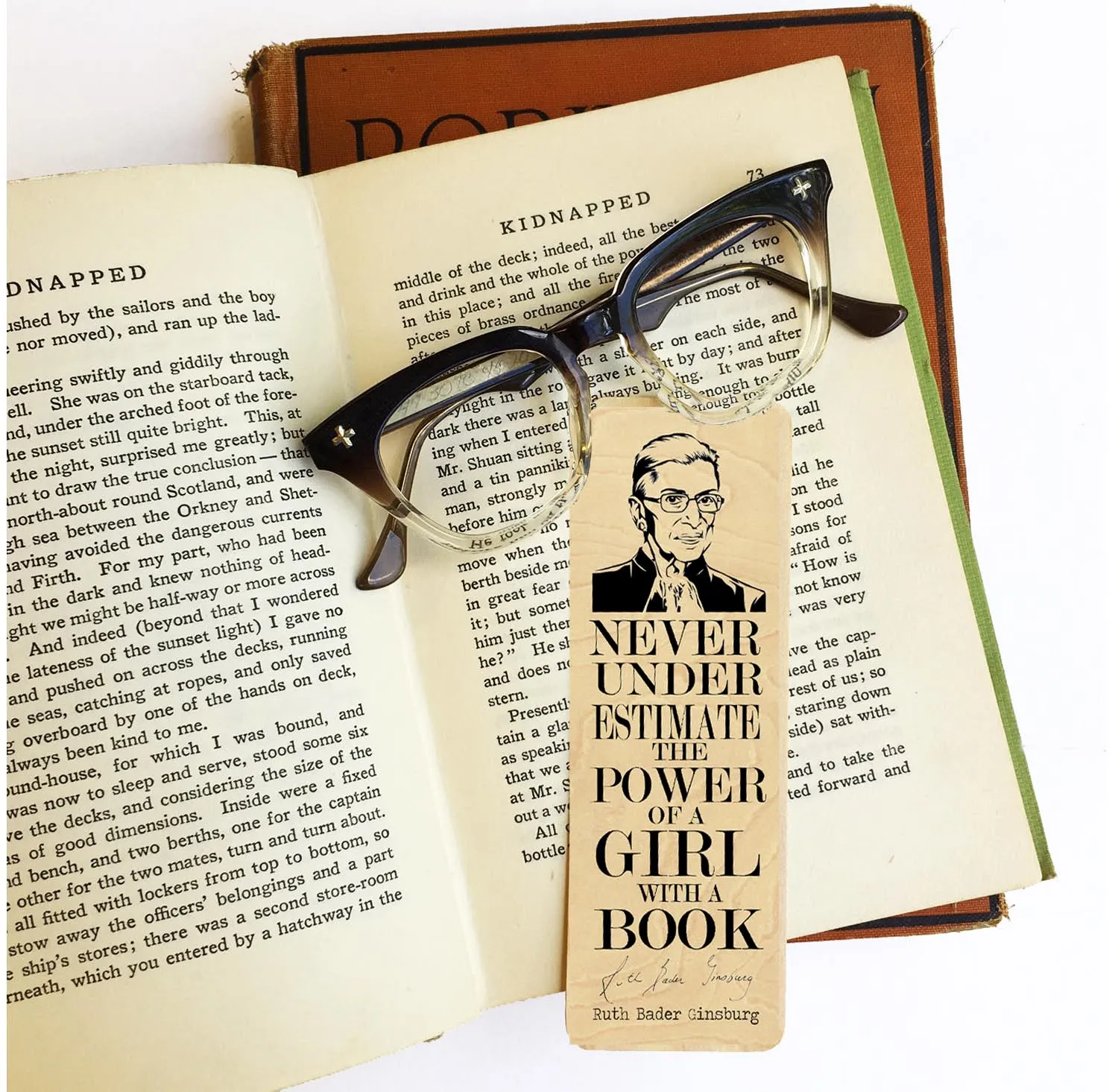 Never underestimate the power of a girl with a book." -Ruth Bader Ginsburg - Wood Bookmark