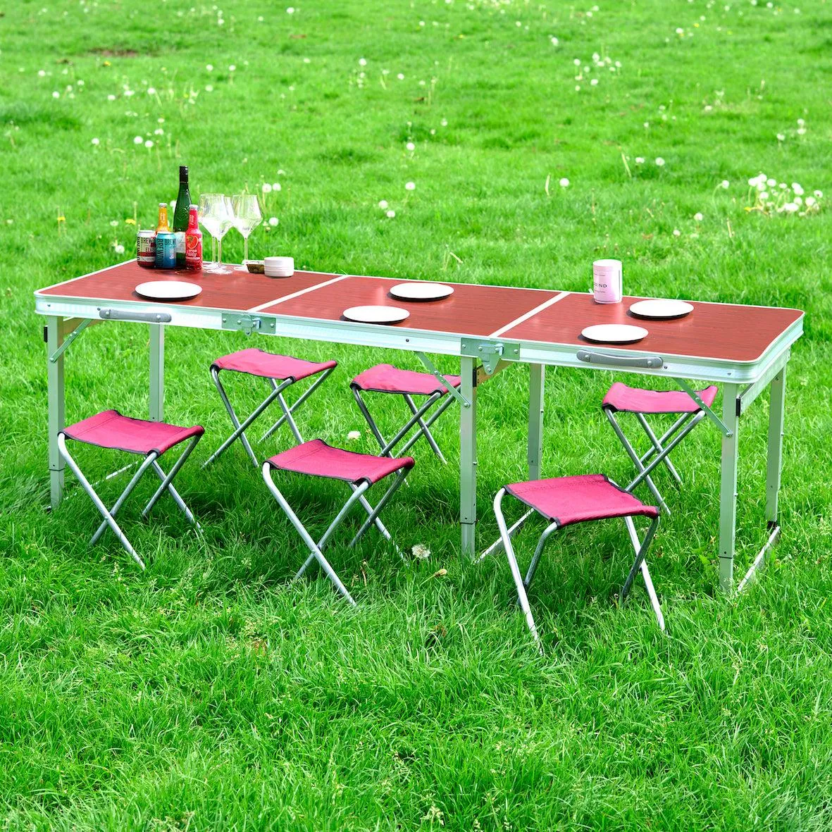 Picnic Folding Camping Table with 6 Chairs - Red Oak