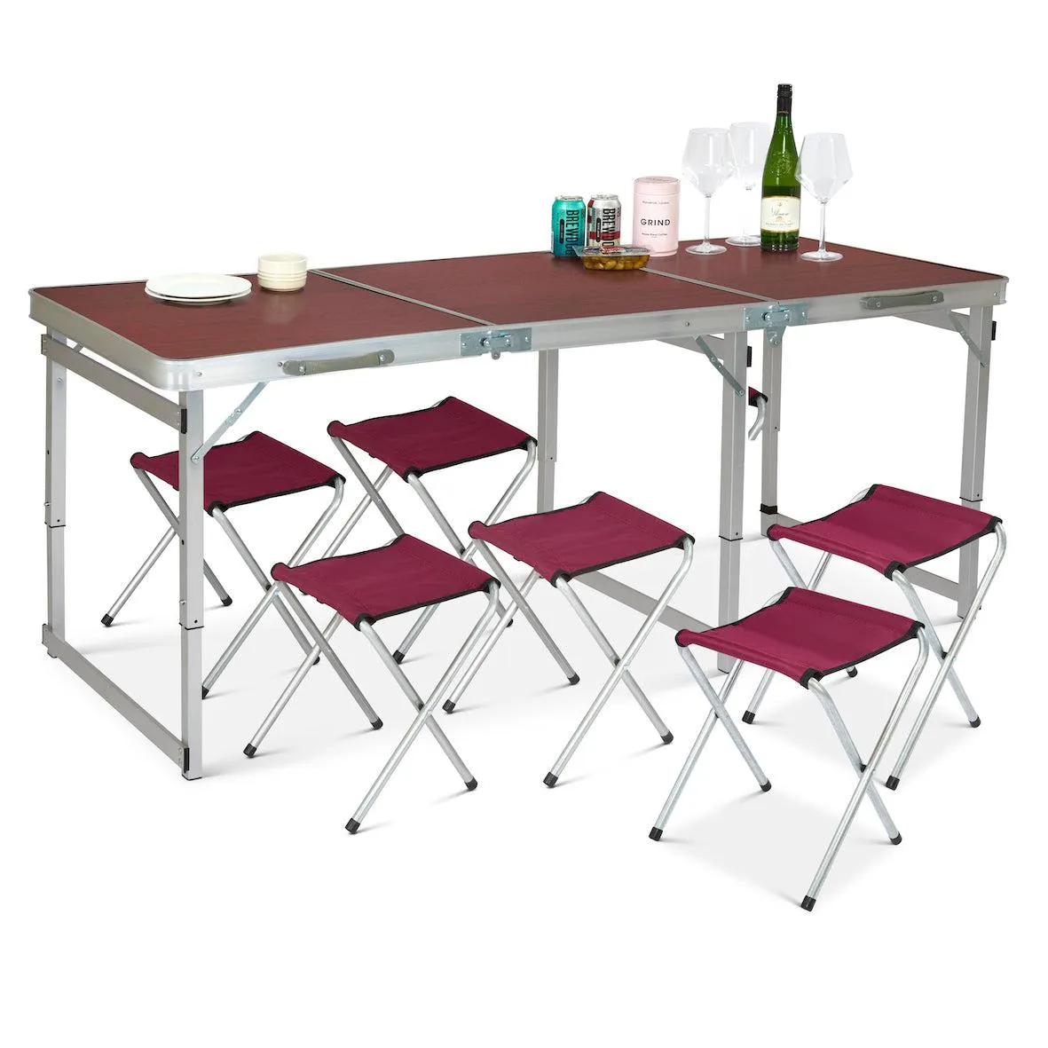 Picnic Folding Camping Table with 6 Chairs - Red Oak