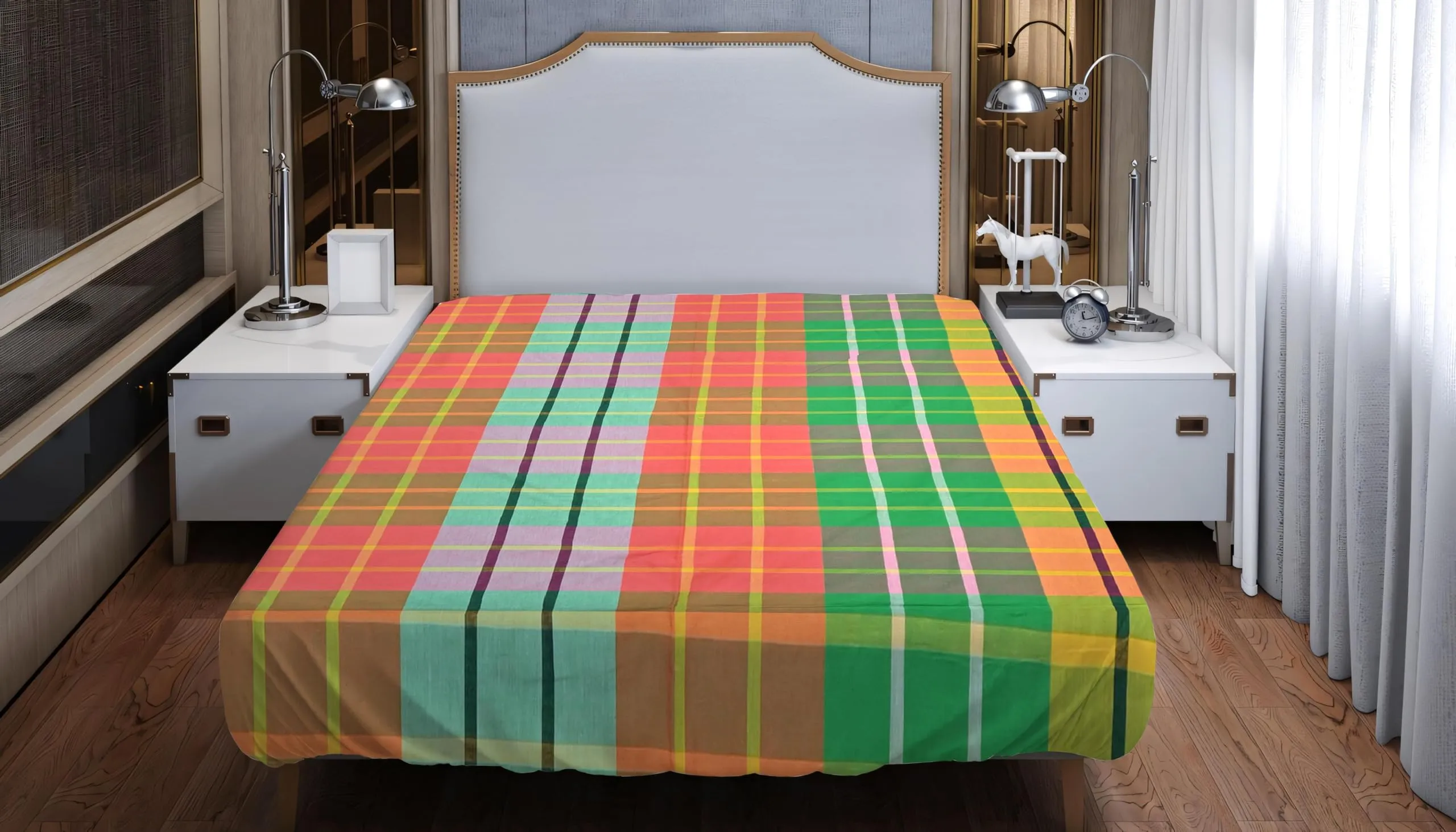 TANTUJA BANGLAR TANTER KAPAR Handloom Cotton Woven Tant Checkered Patterns Red & Green Bedsheet - 2.74x2.29 metres