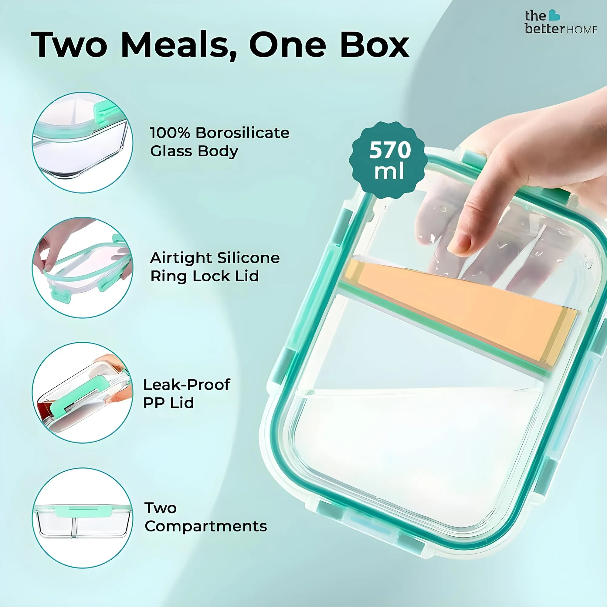 The Better Home Microwave Safe Office Two Compartment Lunch Box Set | Glass | Safety Lock Airtight Tiffin Containers (Transparent) (570ml) | Convenient and Safe Lunch Box Pack of 1 (Pack of 1)