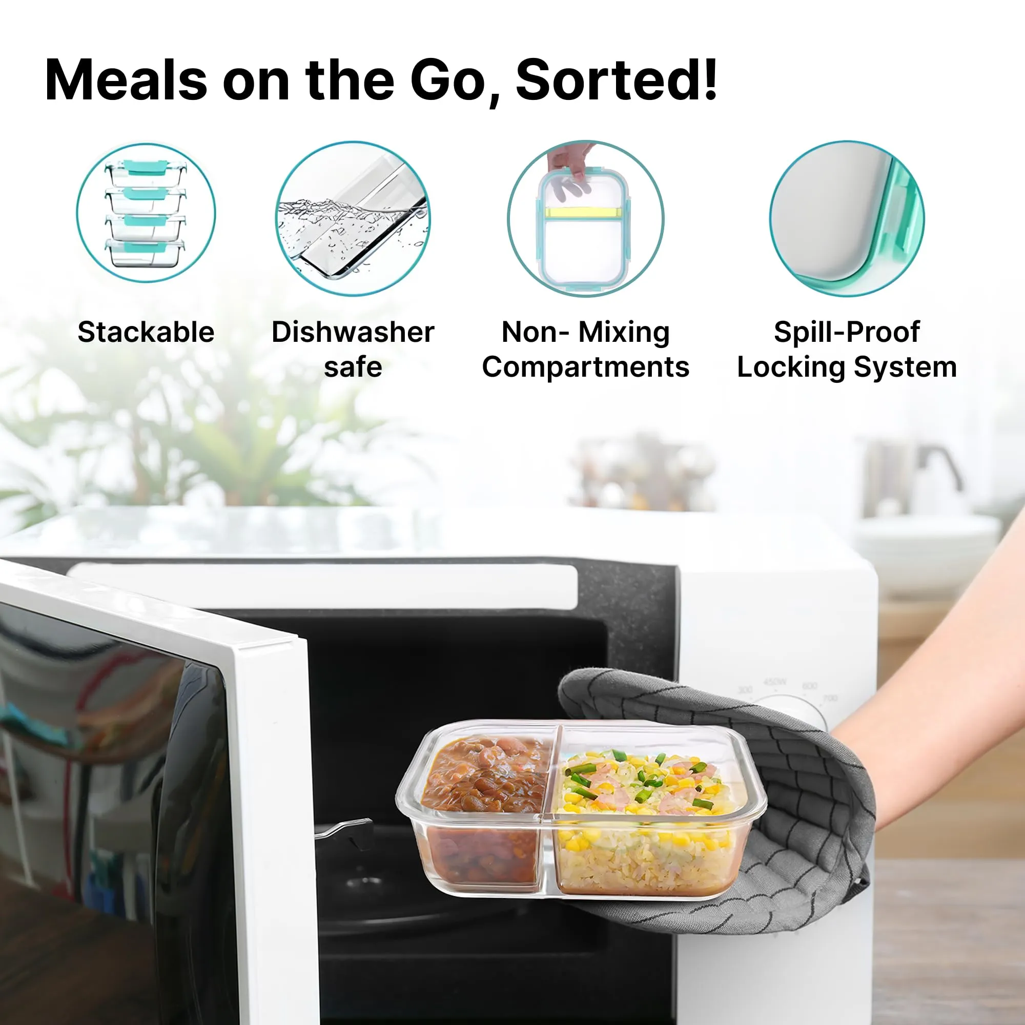 The Better Home Microwave Safe Office Two Compartment Lunch Box Set | Glass | Safety Lock Airtight Tiffin Containers (Transparent) (570ml) | Convenient and Safe Lunch Box Pack of 1 (Pack of 1)