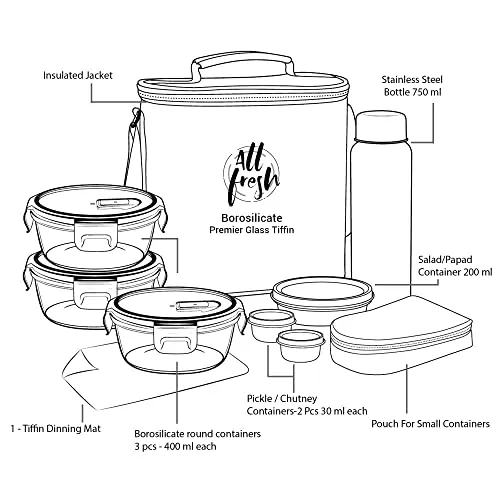 Treo By Milton All Fresh Premier Glass Tiffin Set of 8 (3 - Containers, 400 ml Each; 1 - Steel Bottle, 750 ml; 2 - Pickle/Chutney Dabba, 30 ml Each; 1 - Salad/Papad Dabba, 200 ml; 1 - Dining Mat)