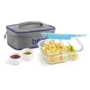 Treo by Milton All Fresh Rectangular Divider Glass Tiffin Containers With Insulated Jacket, 1 Container, 600 ml, Transparent