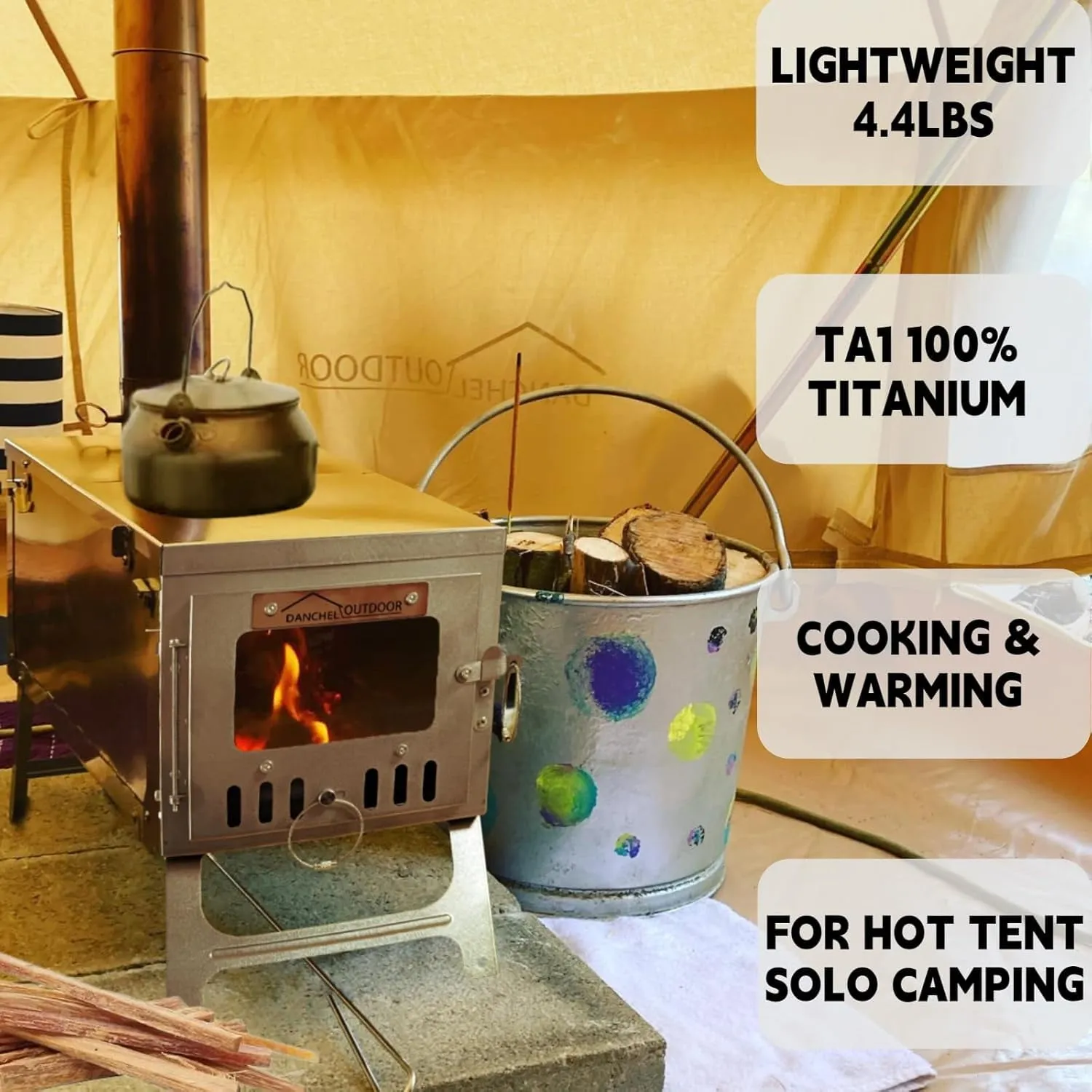 versatile T6 TA1 Titanium Wood Burning Stove Portable 4.4lbs, Folding Camping Tent Stove Lightweight Small Hot Tent Stove 7.2ft Chimney Backpacking