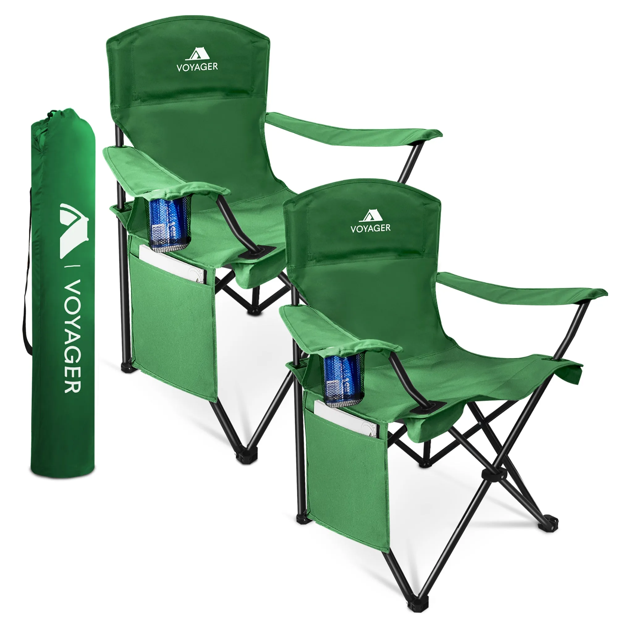 Voyager Folding Camping Chair 2-Pack, Lightweight with Pocket and Drinks Holder, Holds up to 120kg Each, Easy to Transport, Foldable Outdoor Chair Set