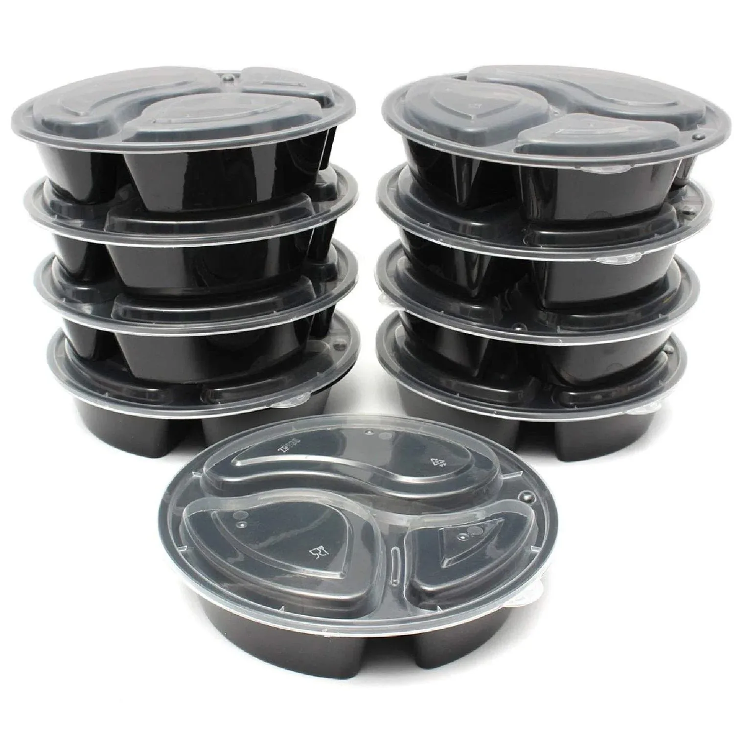 *WHOLESALE* - Disposable - 9" Round - Triple Compartment - Microwavable Containers w/ clear lids | 150 ct.