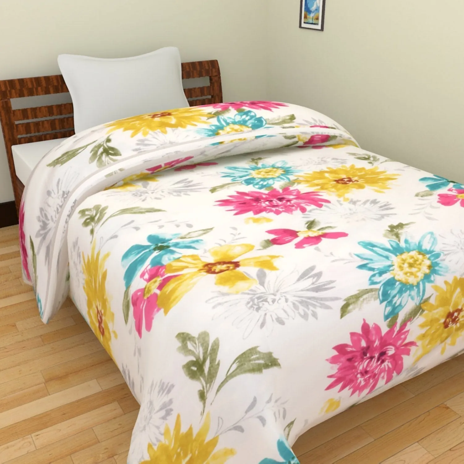 WONDERLOOK Sunflower Printed Double Bed Reversible Polyester AC Dohar Blanket Lightweight Quilt/Duvet Size 85X90 Inches Set of 1pcs (Blue and Yellow) (Sun Flower)